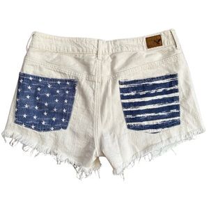 AE Denim Hi-Rise White Shorts with Blue Pockets